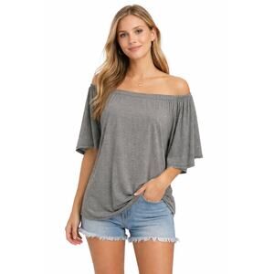 Soprano Off-Shoulder Stripe Knit Top Relaxed Drape Short Sleeve
